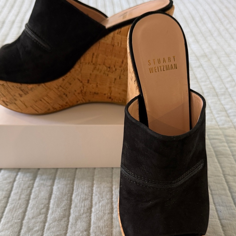Stuart Weitzman Black Suede Cork Wedge Mules